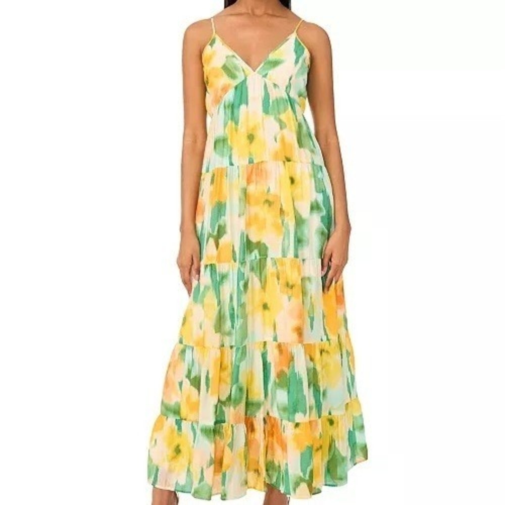 MSK Printed Sleeveless Tiered Maxi Floral Boho Dress V Neck Multi Womens M NWT